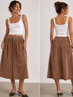 Rare Made in Japan Vintage Calvin Klein Corduroy Button Front Midi Skirt W-26”